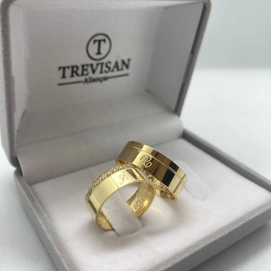 Par de Aliança Noivado/Casamento Ouro 750/18k - Details Reta 7mm Polida + Anel Brinde