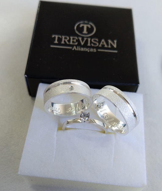 Par de Aliança Namoro em Prata 950 - Vale 6mm Reta Diamantada + Anel Brinde