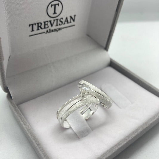 Par de Aliança Namoro em Prata 950 - Encanto Abaulada 4mm Diamantada + Anel Brinde