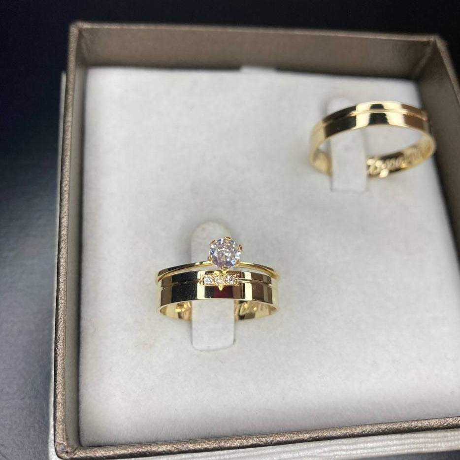 Par de Aliança Noivado/Casamento Ouro 750/18k - Modena 4mm Reta Polida + Anel Brinde
