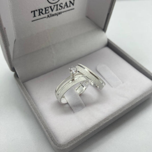 Par de Aliança Namoro em Prata 950 - Magnólia 4mm Reta Diamantada + Anel Brinde