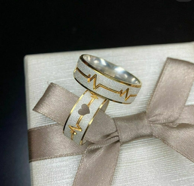 Par de Aliança Namoro em Prata 950 - Heartbeat 7mm Reta Diamantada + Anel Brinde