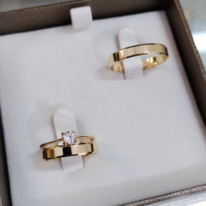 Par de Aliança Noivado/Casamento Ouro 750/18k - Româ 4mm Chanfrada Polida + Anel Brinde